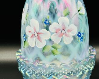 Fenton Misty, blue fairy lamp hand painted by G. McCormick.