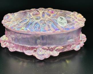 Fenton Pink iridescent trinket dish with Fenton mark and original Fenton paper sticker