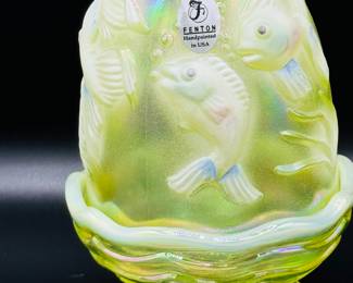 Fenton Atlantis yellow uranium fairy lamp with original Fitton paper sticker handpainted C. Curry.