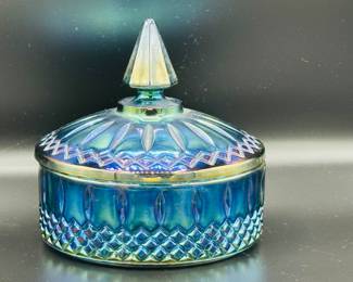 Vintage Indiana Glass Princess Blue Carnival Iridescent Candy Dish Bowl with Lid