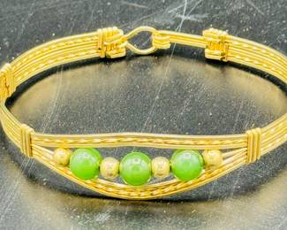 Cuff bracelet - vintage, gold plated with nephrite jade cabochon