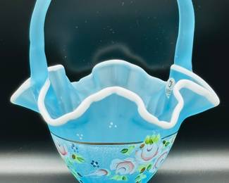 The Charleston collection 2002 satin blue white crest basket, signed Bill Fenton, and painted by A. Russell.