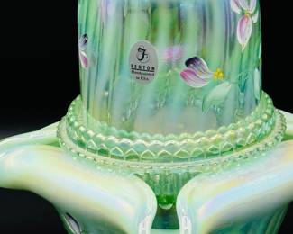 Fenton Willow Green Opalescent Handpainted 3-PC Fairy Lamp 