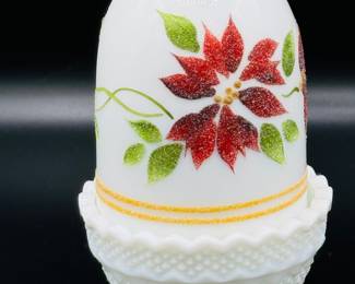 Fenton milk, glass, poinsettia, fairy lamp, and painted by Sue Jackson