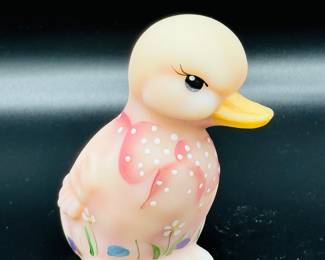 Fenton Burmese satin glass Duckling uranium Glass, 2004 handpainted by D Barclay