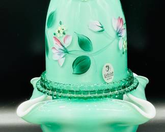Fenton green overlay three-piece fairy lamp, marked Fenton on bottom and hand painted by B.F. 