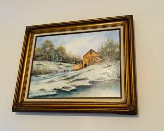 Barn in winter painting