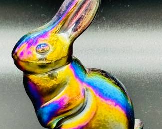 Fenton iridescent carnival glass Bunny with Fenton mark And original Fenton paper sticker