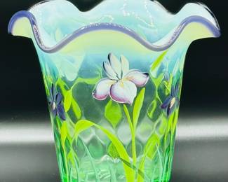 
Fenton designer showcase series optic teal Ruffle lip vase Designed by M Reynolds signed by Bill Fenton, and painted by Jay Powell