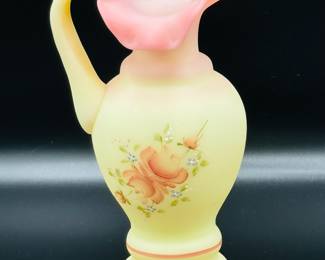 Fenton uranium glass Burmese ruffle top your with original Fenton paper sticker hand painted see GriffithsS