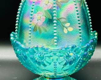Fenton vintage iridescent beaded turquoise fairy lamp, signed D B.