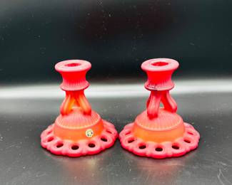 Mid-Century Vintage WESTMORELAND Doric Open Lace Ruby  Satin Frosted Candle Holders, Candlestick, Set of 2 
