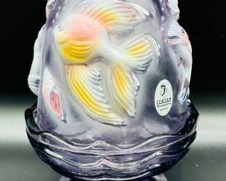 Fenton Atlantis, purple fairy lamp with original  Fenton paper sticker
Hand painted by C. Curry.