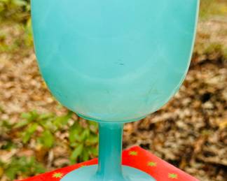 Vintage Spray Turquoise Oversized Glass Goblet with Star Thumbprint Design/there are four