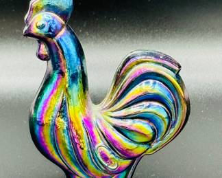 Fenton iridescent, carnival glass rooster with original Fenton paper sticker and Fenton mark