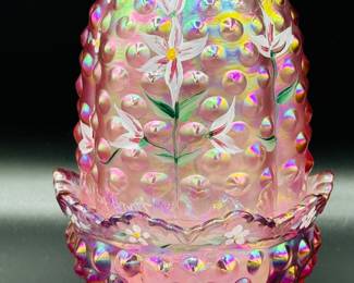 Vintage Fenton Burmese, hobnail, pink iridescent fairy lamp, Hand painted by JL Barham with Fenton mark on bottom