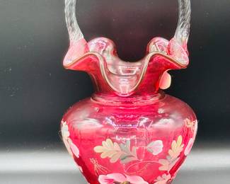 Fenton, the Glass legacy collection in celebration of the 95th year, Handpainted cranberry basket signed Bill Fenton, and painted by B Williams