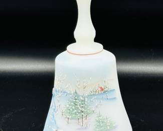 Fenton Handpainted Milk Glass Winter Scene Over the River Bell 1991 A Farley