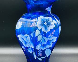 Fenton 75th anniversary celebration cobalt blue jubilee vase 1998 signed be Fenton hand painted by J Mindenhall Original Fenton paper sticker