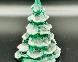 Fenton 1992 green glass flocked Christmas tree 3 inch with original Fenton Piper sticker
