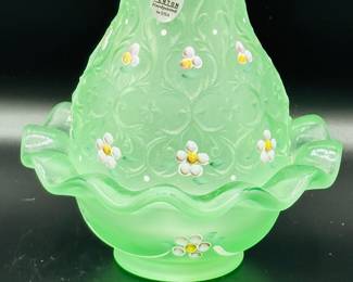 Fenton Spanish lace, green fairy lamp, with original Fenton paper sticker and hand painted by S. WAJDA.