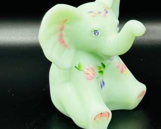 Fenton Lotus mist Elephant with original Fenton paper sticker Hand painted by S. Hopkins.