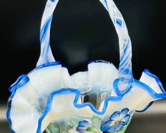 The Glass legacy collection 95th year opalescent White ruffled edge basket signed Bill Fenton handpainted by S. Smith.