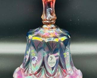 Fenton iridescent plum opalescent 12 point star Crimson floral design bell With original Fenton paper sticker and painted by Jay Frederick