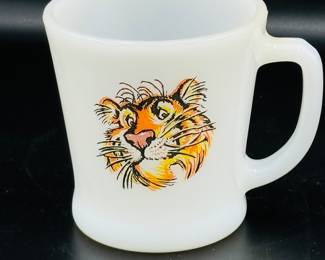 Anchor Hocking / Fire King "The Esso Tiger" 8 Ounce White Glass Mug ~ pair