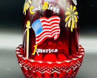 Fenton God bless America Ruby fairy lamp handpainted by T Kelly