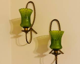 Vintage brass and diamond green glass wall sconces