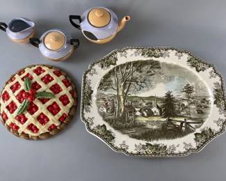 Lot 72 | Hand Engraved Platter Tea Set & Pie Tin Top
