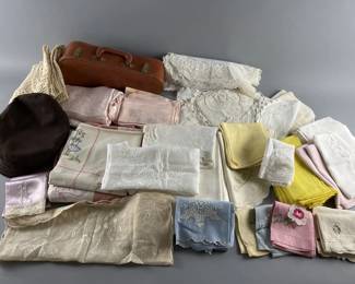 Lot 146 | Vintage Linens, Hat & Empty Ukulele Case
