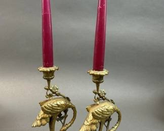 Lot 360 | Antique Gilt Bronze Heron & Turtle Candle Holders
