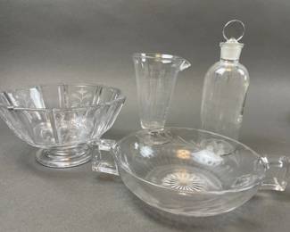 Lot 381 | Glass Bowls & Measure Etched Glass & Glass Bottle
