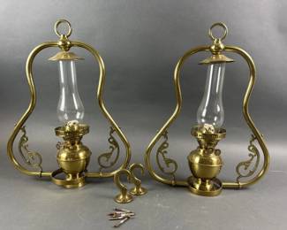 Lot 232 | Pair Of Brass Hanging Oil Lamps
