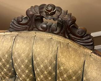 Duncan Phyfe Style Settee with Carved Wood Details - Minor burn damage to the back upper molding: shown in images. Asking $150 - Value $300-$700. Priced to sell. 