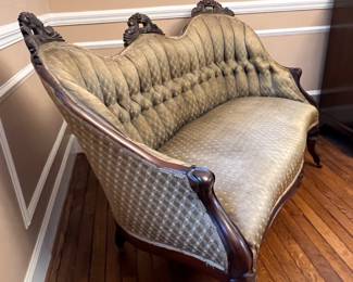Duncan Phyfe Style Settee with Carved Wood Details - Minor burn damage to the back upper molding: shown in images. Asking $150 - Value $300-$700. Priced to sell. 