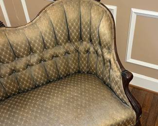 Duncan Phyfe Style Settee with Carved Wood Details - Minor burn damage to the back upper molding: shown in images. Asking $150 - Value $300-$700. Priced to sell. 