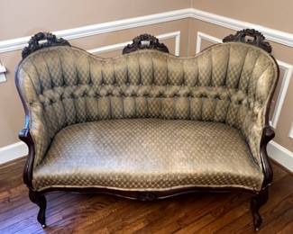 Duncan Phyfe Style Settee with Carved Wood Details - Minor burn damage to the back upper molding: shown in images. Asking $150 - Value $300-$700. Priced to sell. 