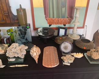 Robert Glover Tire Sculpture, Tropical Clay Hawaiian Serving Platter, Large Marble Column, Giant Fluted Clam Shell, Brazilian Agate, Crystal Specimen, Desert Rose Specimen, Faceted Crystal Obelisk