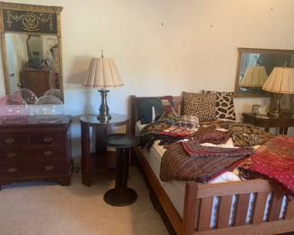 Late 18th Century Antique American Federal Églomisé Giltwood Reverse Painted Mirror, Assorted Fabrics, Vintage Side Tables, Pair of Brass Lamps, Mission Style Queen Bed (2 available), Aireloom Handmade Mattress, and Simmons Adjustable Bed