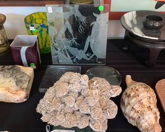 Desert Rose Specimin, Large Pacific Triton Conch, Etched Glass Art