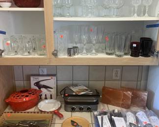 Assorted Glassware, Cuisinart Griddler, New Screwpull Trigger Set, Misc Flatware, Pewter Cheese Knife and Board, Oven Salt Blocks, Sagaform Cookbook Page Holder, John Wright Cast Iron Grid Steamer