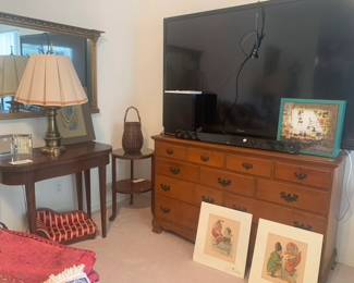 Antique Cherry Wood Flip Top Game Table, Princess Dog Bed, Early American Style Dresser, Sharp Aquos Television, LG Soundbar, United Artists 90 Years of Film Boxed Set, Two 1850s Bavarian Chromolithographs