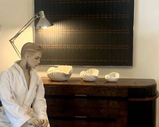 Donald Deskey 1930s Art Deco Buffet / Sideboard, Three Italian Porcelain Conch Shells, Robert Glover Pencil and Acrylic Art on Canvas, Vintage Articulated Lamp, Seated Female Mannequin 