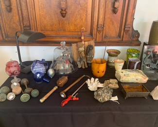 Antique Bronze Door Knobs, African Statues, Large Glass Bell Cloche, Vintage Metal Japanese Bonsai Pot, Norfolk Pine Signed Hawaiian Bowl, Mica and Calcite Specimen, Sal Ramirez Statue