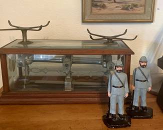 Torsion Balance Co. Beveled Glass Apothecary Scale, Vintage Cast Iron Confederate Soldier Statues