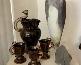 Large Raku Vase, Gekko Vase and Goblets