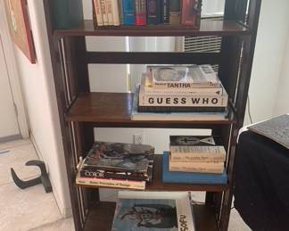 Assorted Books and Tall Folding Wooden Bookstand